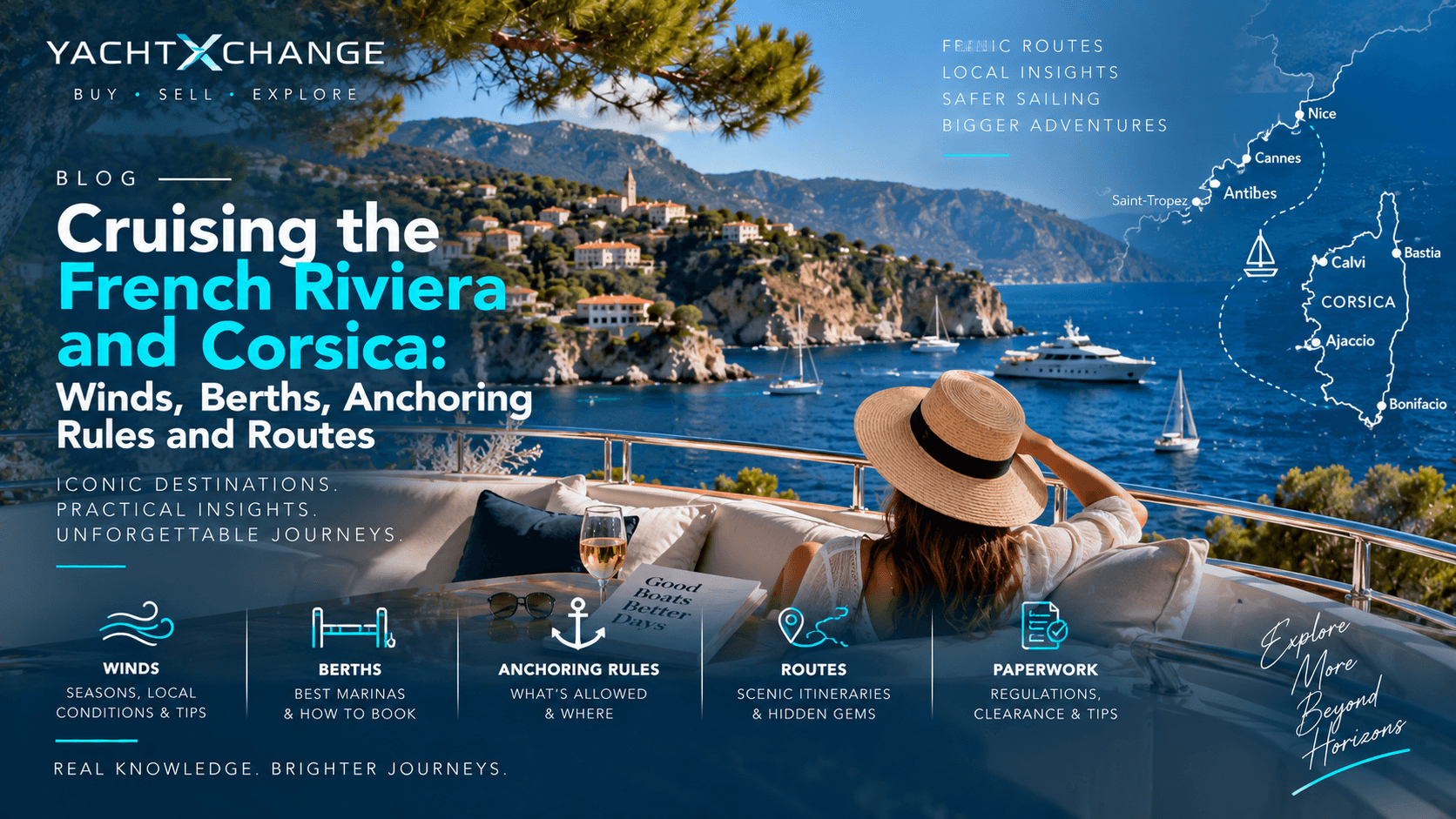 A motor yacht anchored off a rocky Corsican coast of red granite cliffs and clear blue water