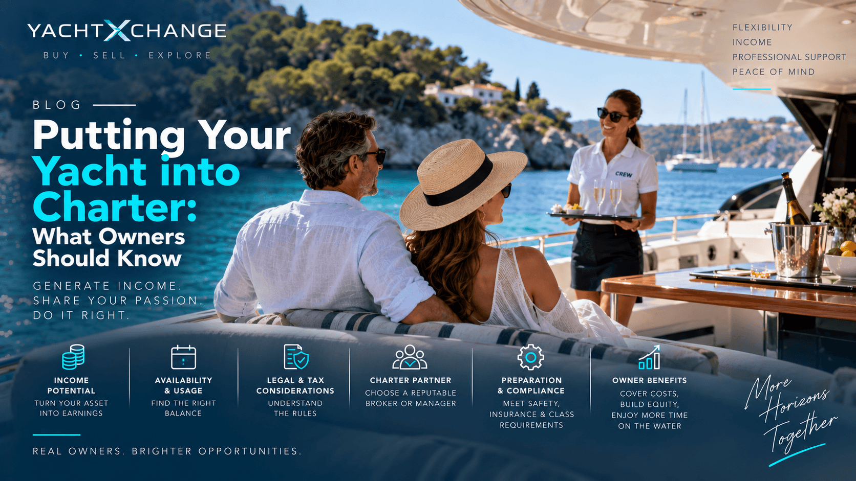A crewed motor yacht at anchor in a calm Mediterranean bay, with a tender alongside and guests on the aft deck
