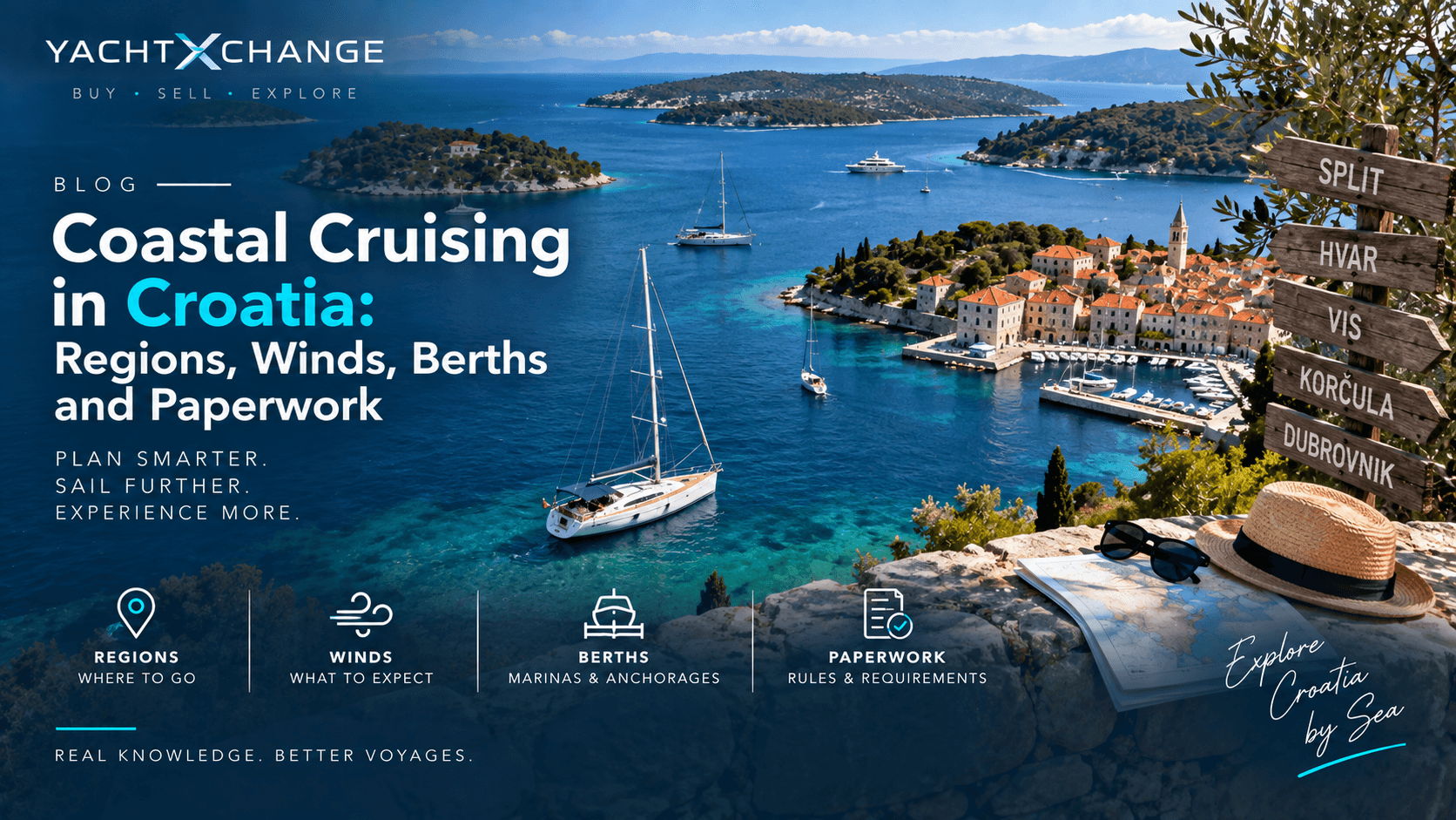 A sailing yacht anchored in a quiet bay of clear turquoise water between pine-covered Dalmatian islands