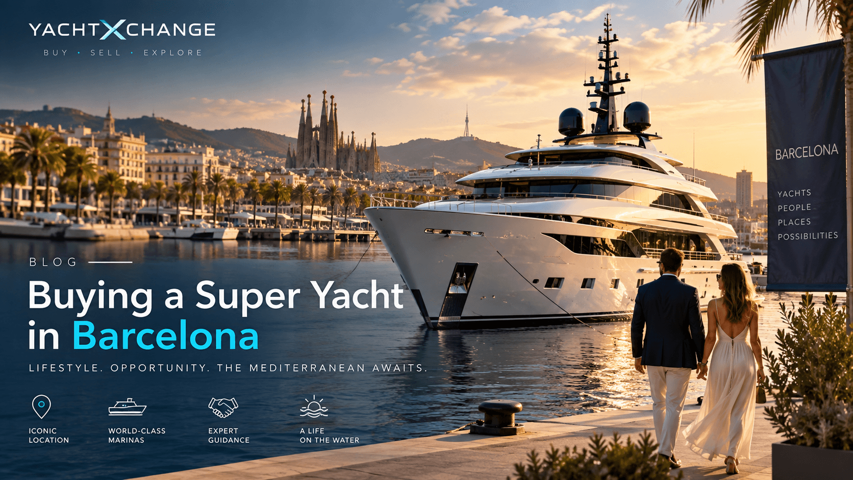 A superyacht moored in Port Vell, Barcelona, at dusk