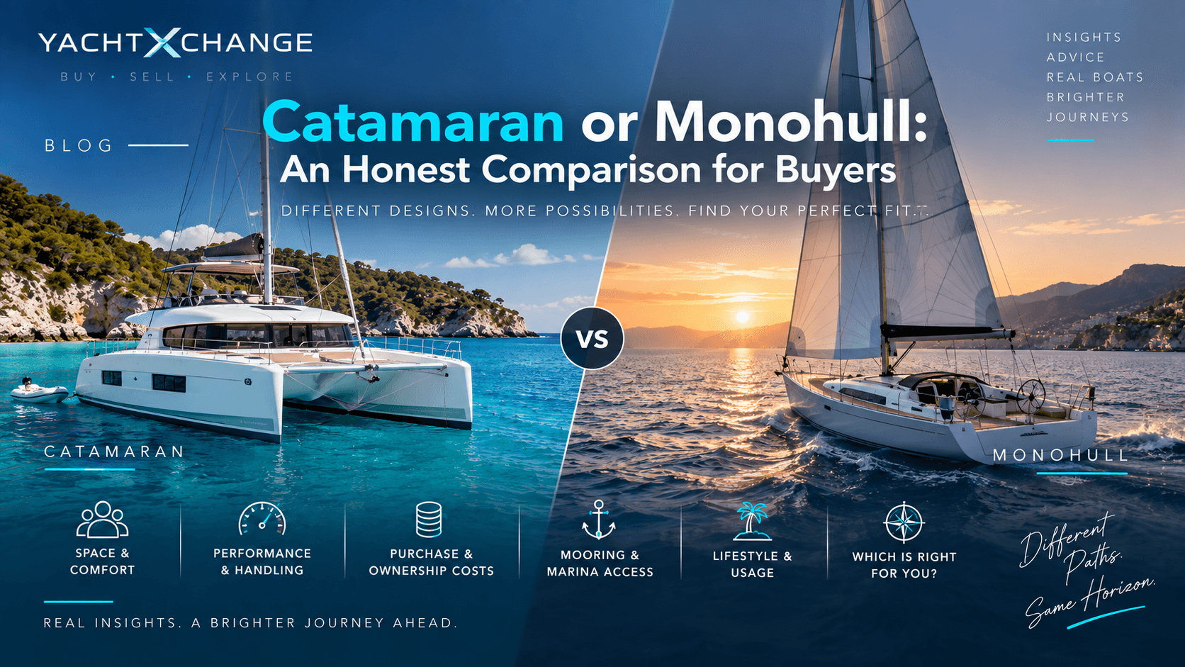 A cruising catamaran and a sailing monohull at anchor side by side in a calm Mediterranean bay