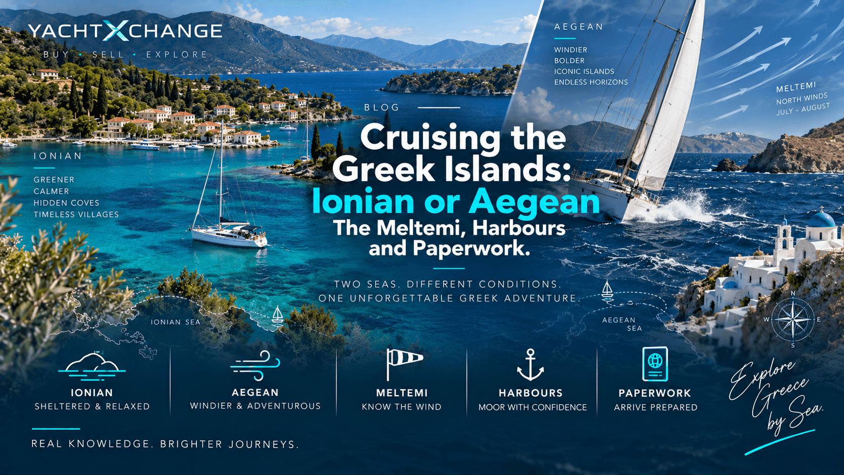 A sailing yacht moored stern-to on the stone quay of a white-washed Greek island harbour at sunset